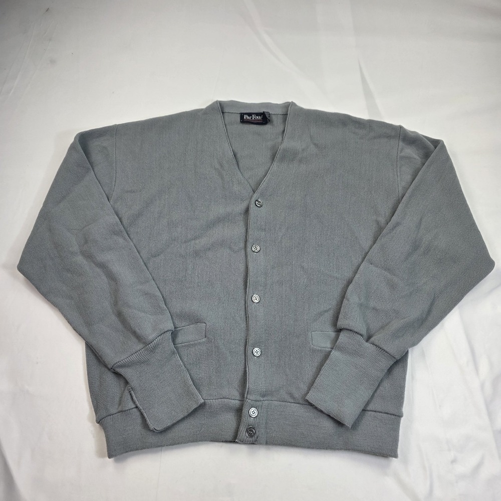 Vintage Par Four Cardigan Sweater Mens XL Gray Acrylic Knit Pockets Made In USA